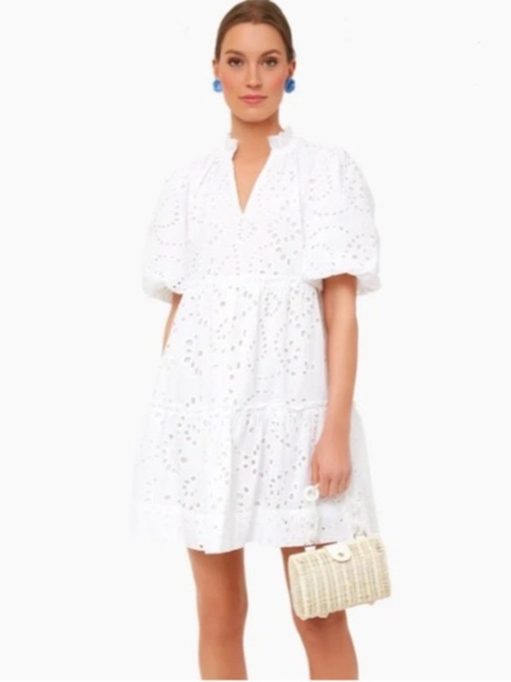 White Eyelet Puff-Sleeve Tiered Dress XS